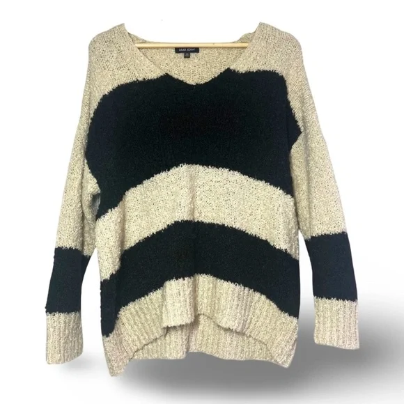 Dear John Adrien V Neck Sweater Black Crème Stripe Size XL - Picture 2 of 8
